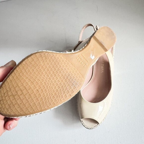 Stuart Weitzman Nide Ivory Beige Patent leather Wedge Peep Toe Heels 6 - Picture 11 of 11